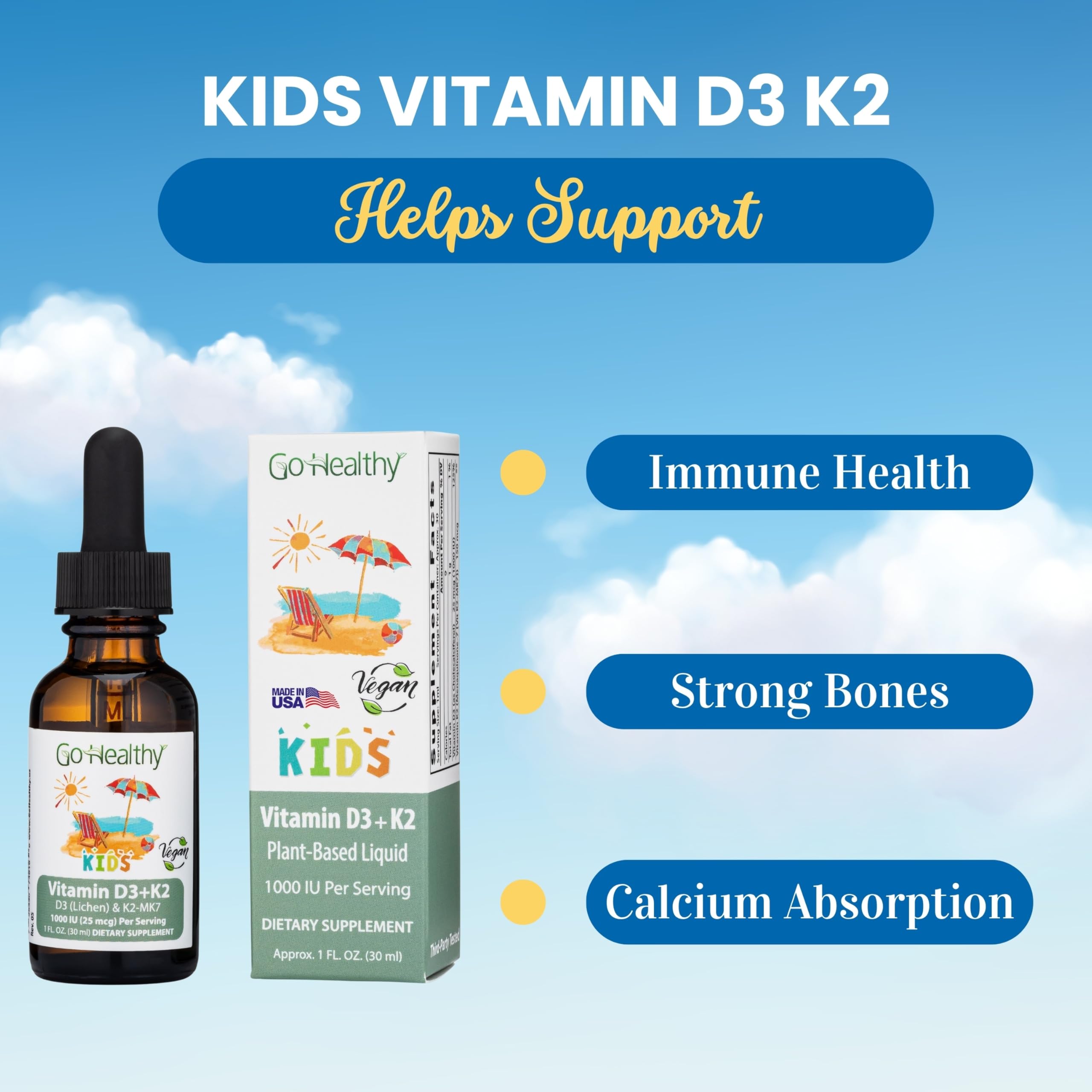 Label for Go Healthy Kids D3 K2 drops shows non-GMO vegan ingredients.