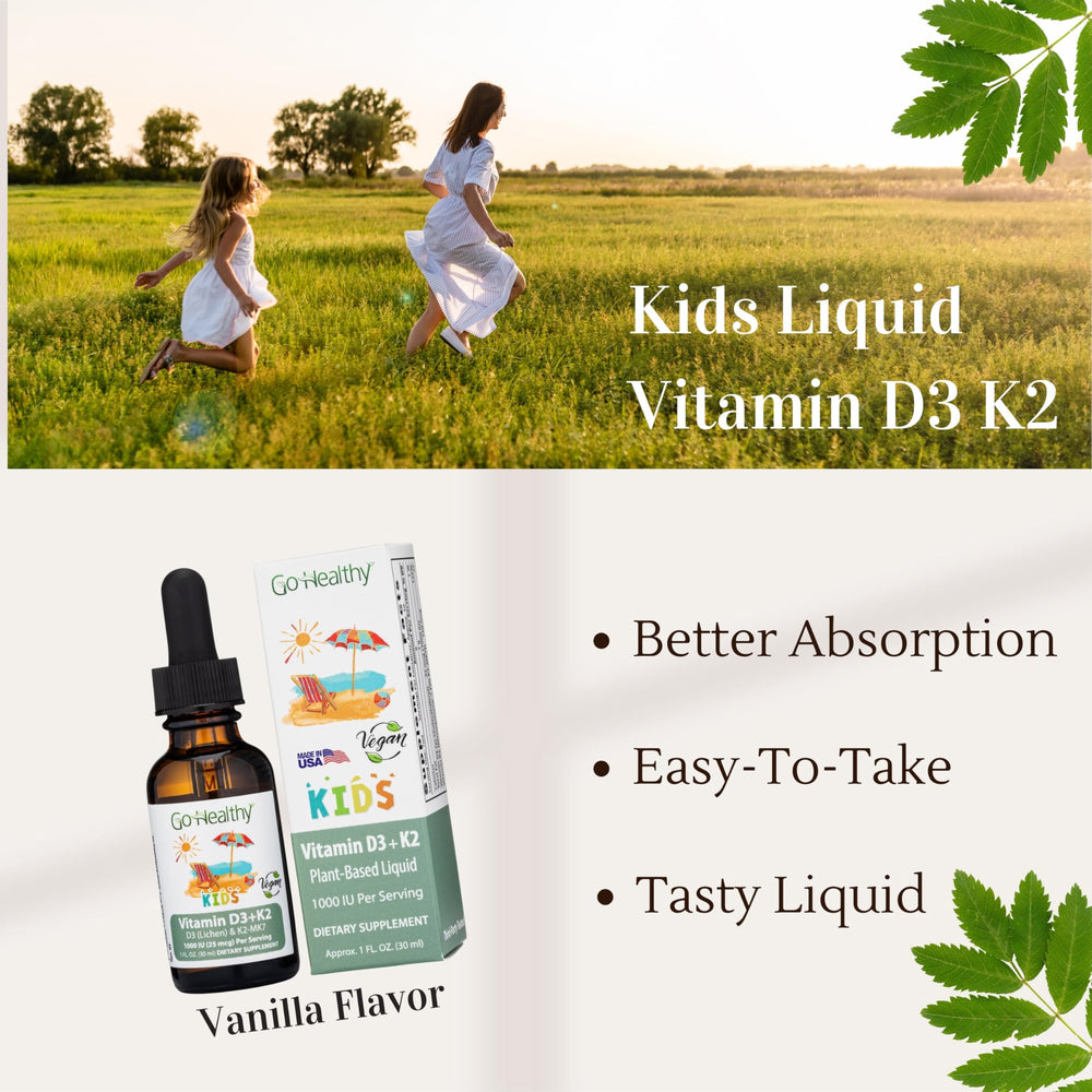 Close-up of Go Healthy Kids D3 K2 liquid drops highlighting vegan, sugar-free formula.