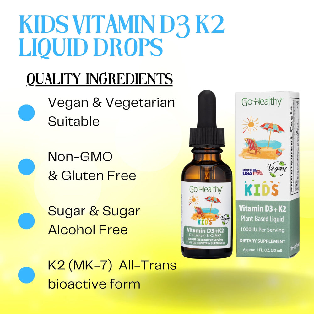 Go Healthy Kids D3 K2 vanilla drops pour demonstrates quick absorption and kid-friendly flavor.