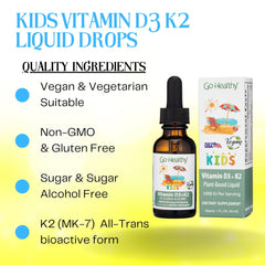 Go Healthy Kids D3 K2 vanilla drops pour demonstrates quick absorption and kid-friendly flavor.