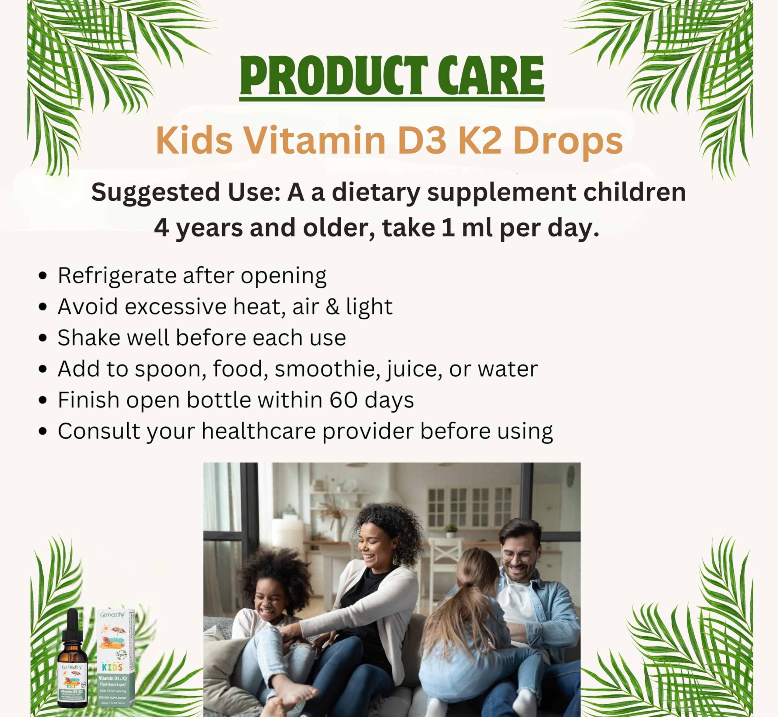 Sugar-free Go Healthy Kids D3 K2 drops suitable for sugar-conscious families.