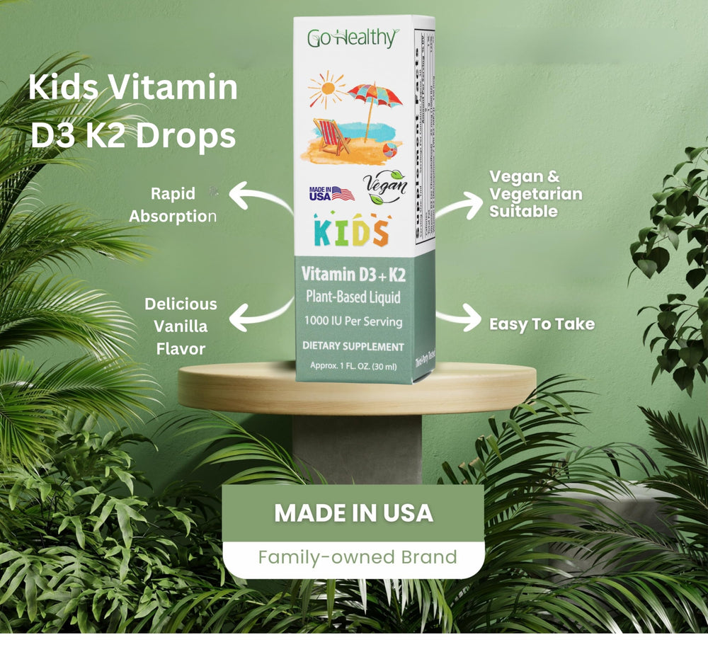 Go Healthy Kids D3 K2 drops bottle on kitchen counter, indicating USA-made quality.