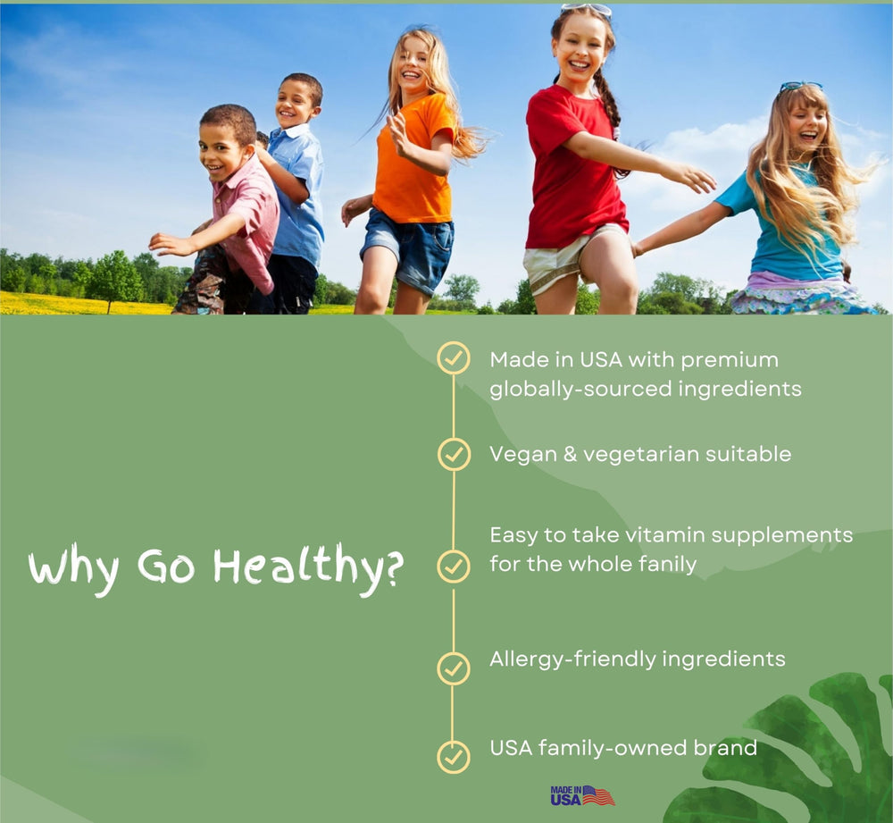 Go Healthy Kids D3 K2 drops highlight vegan formula and allergy-conscious ingredients.