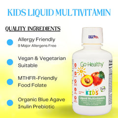 Go Healthy Kids liquid multivitamin being poured into a cup for dosing