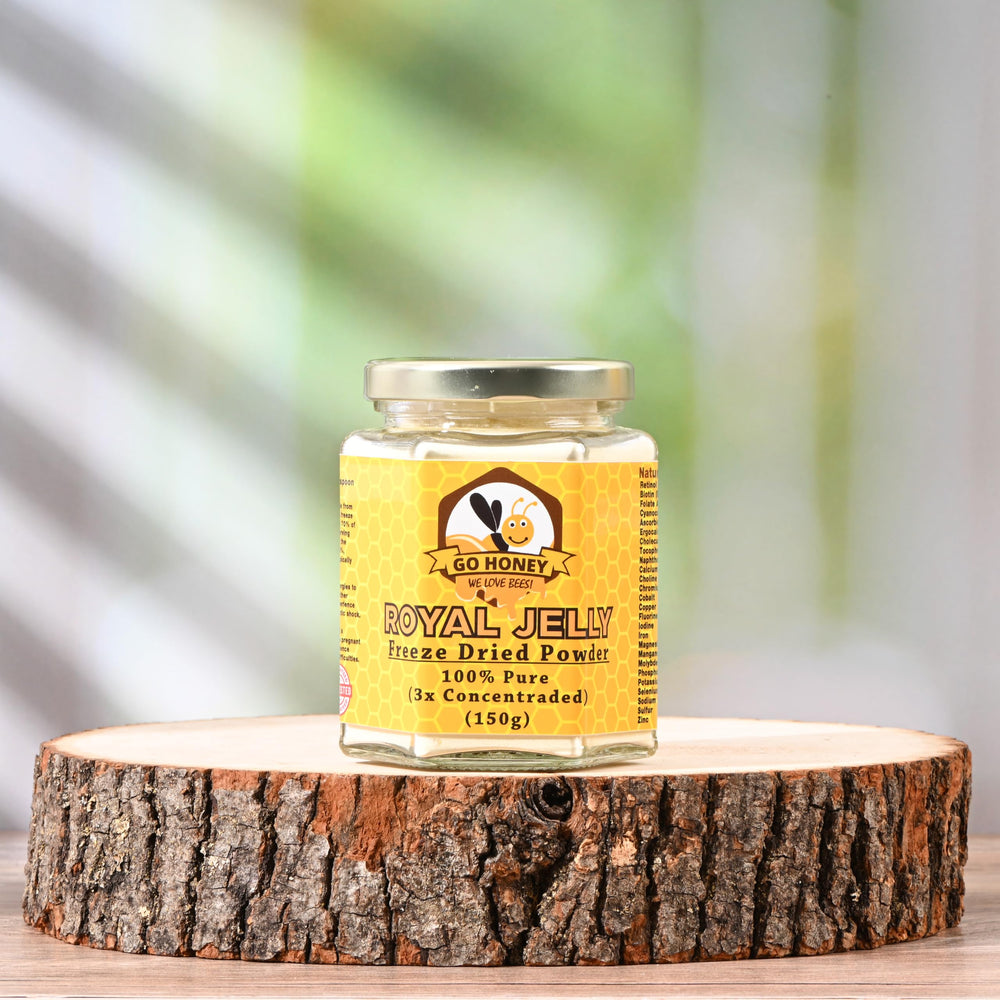 Go Honey Royal Jelly Powder in a glass with spoon supports versatile daily use.