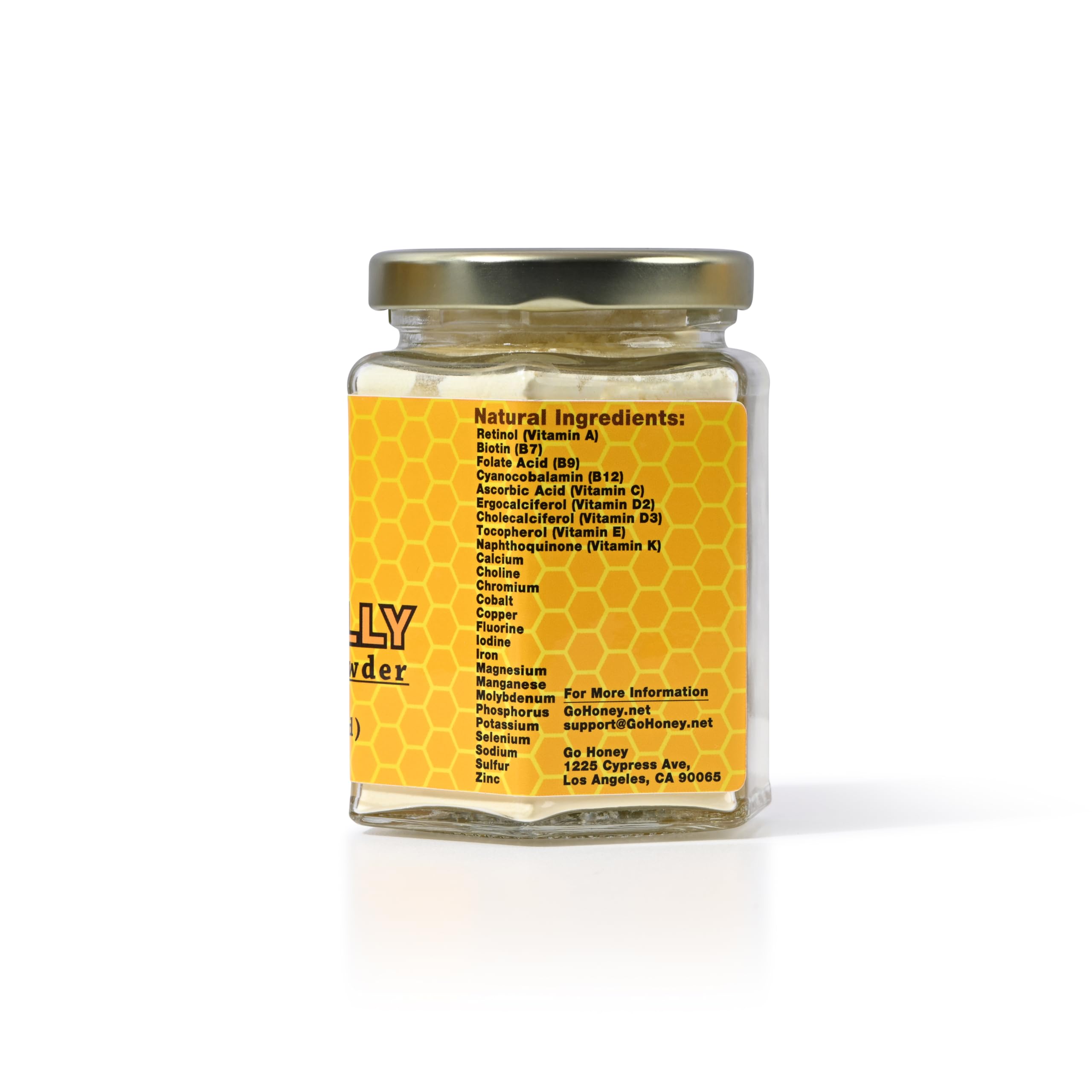 Go Honey Royal Jelly Powder texture close-up shows lyophilized, high-potency powder.