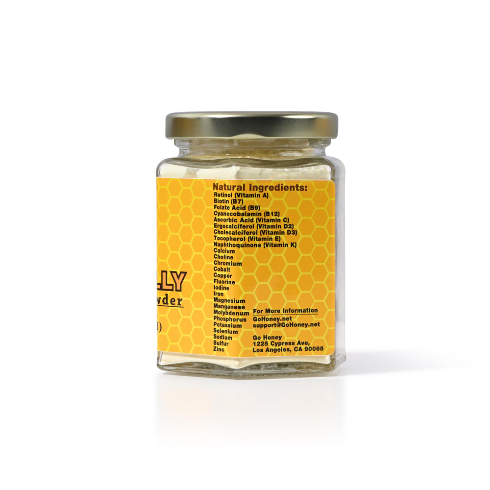 Go Honey Royal Jelly Powder texture close-up shows lyophilized, high-potency powder.