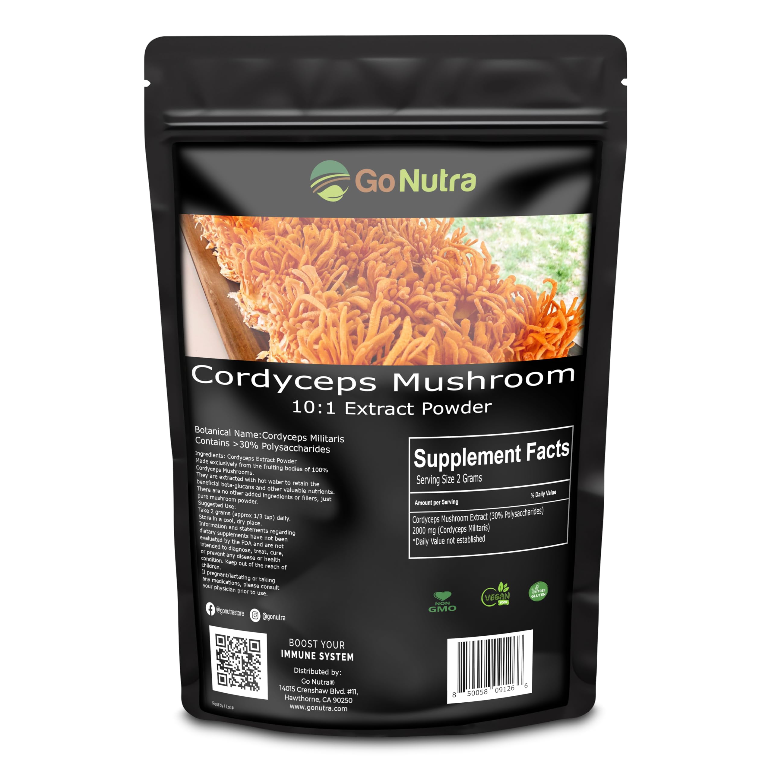 Go Nutra Cordyceps powder bottle shows pure, non-GMO extract for natural energy.