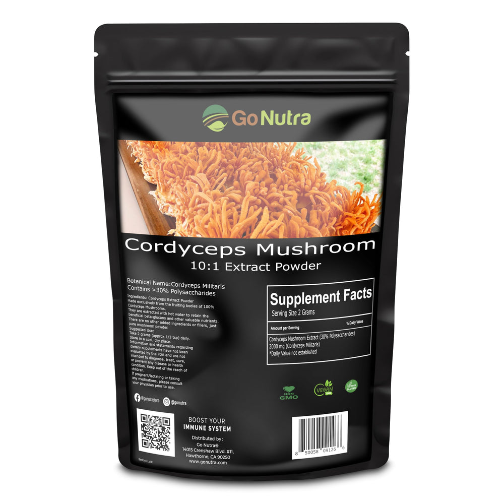 Go Nutra Cordyceps powder bottle shows pure, non-GMO extract for natural energy.