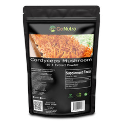 Go Nutra Cordyceps powder bottle shows pure, non-GMO extract for natural energy.