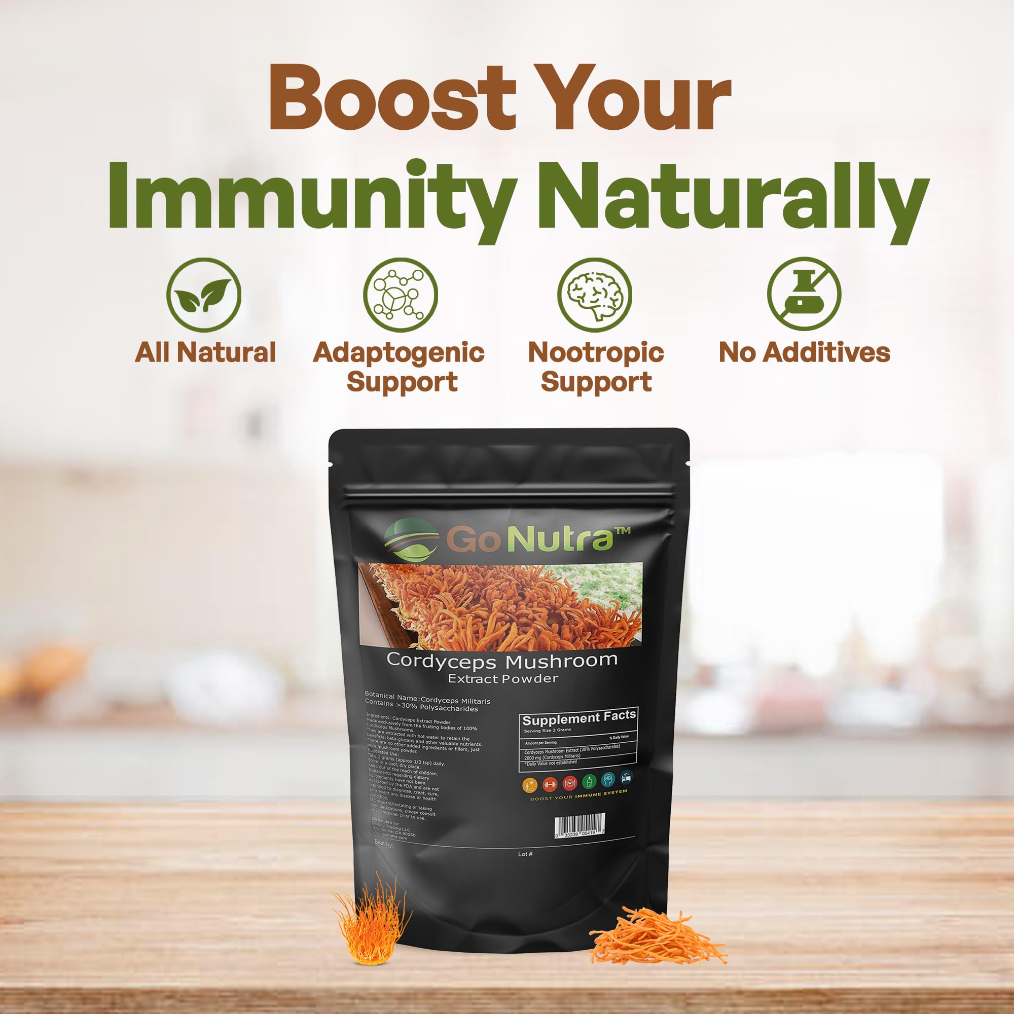 Go Nutra Cordyceps powder pour demonstrates easy mixing into drinks.