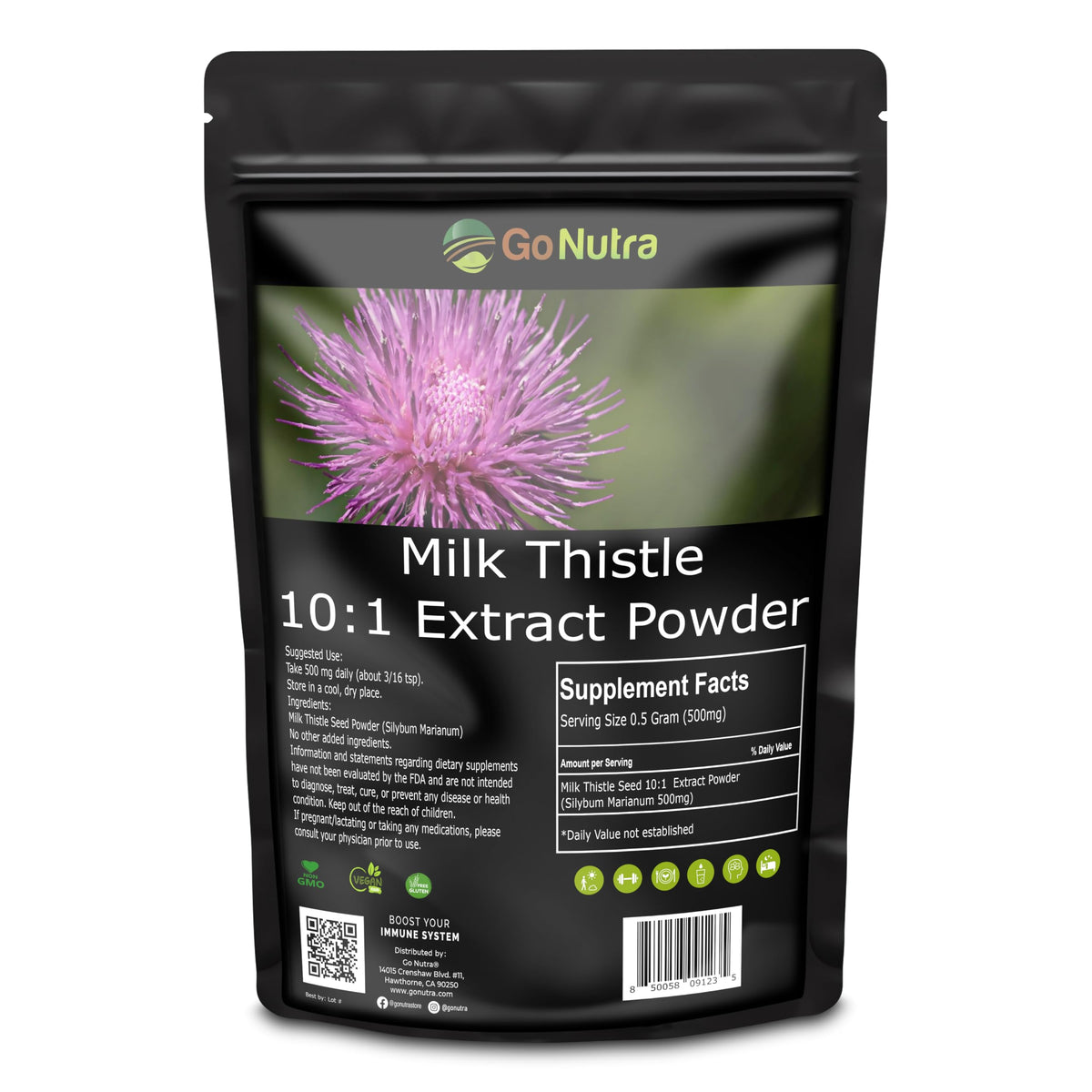 Go Nutra Milk Thistle powder bottle shows 10:1 extract for potential antioxidant support.