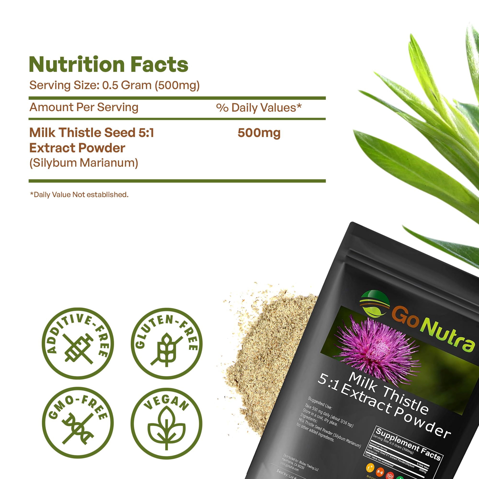 Go Nutra Milk Thistle powder being poured for convenient use.
