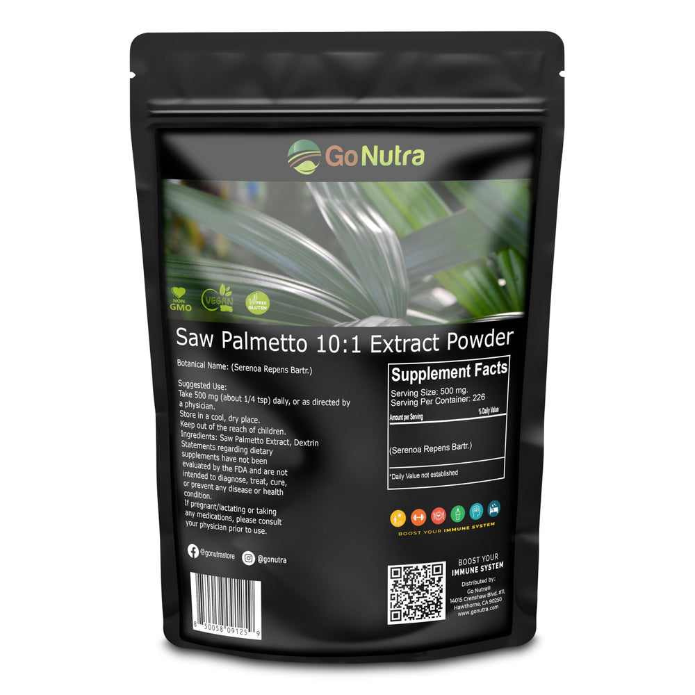 Go Nutra Saw Palmetto Extract Powder bottle shows 10:1 potency for daily wellness.