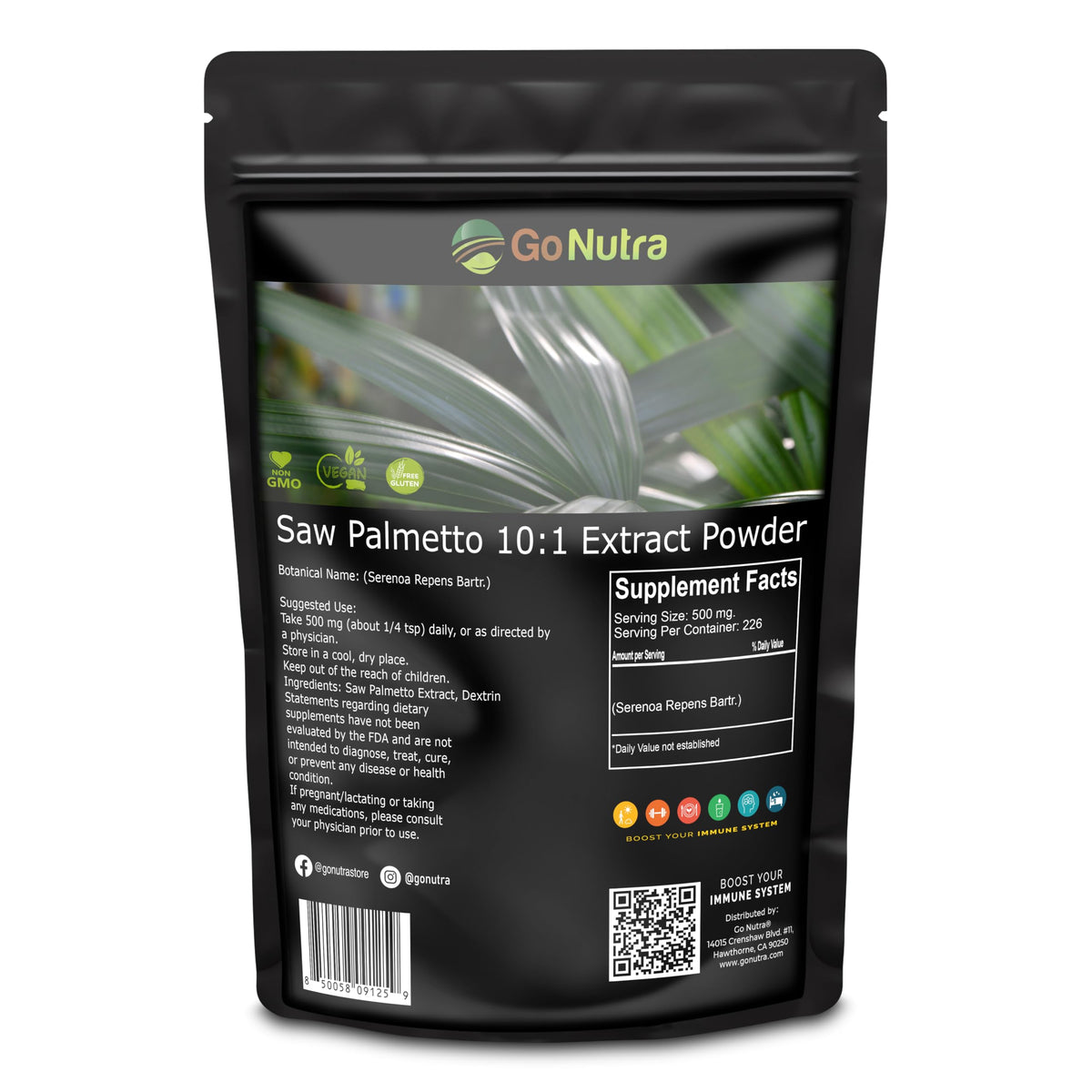 Go Nutra Saw Palmetto Extract Powder bottle shows 10:1 potency for daily wellness.