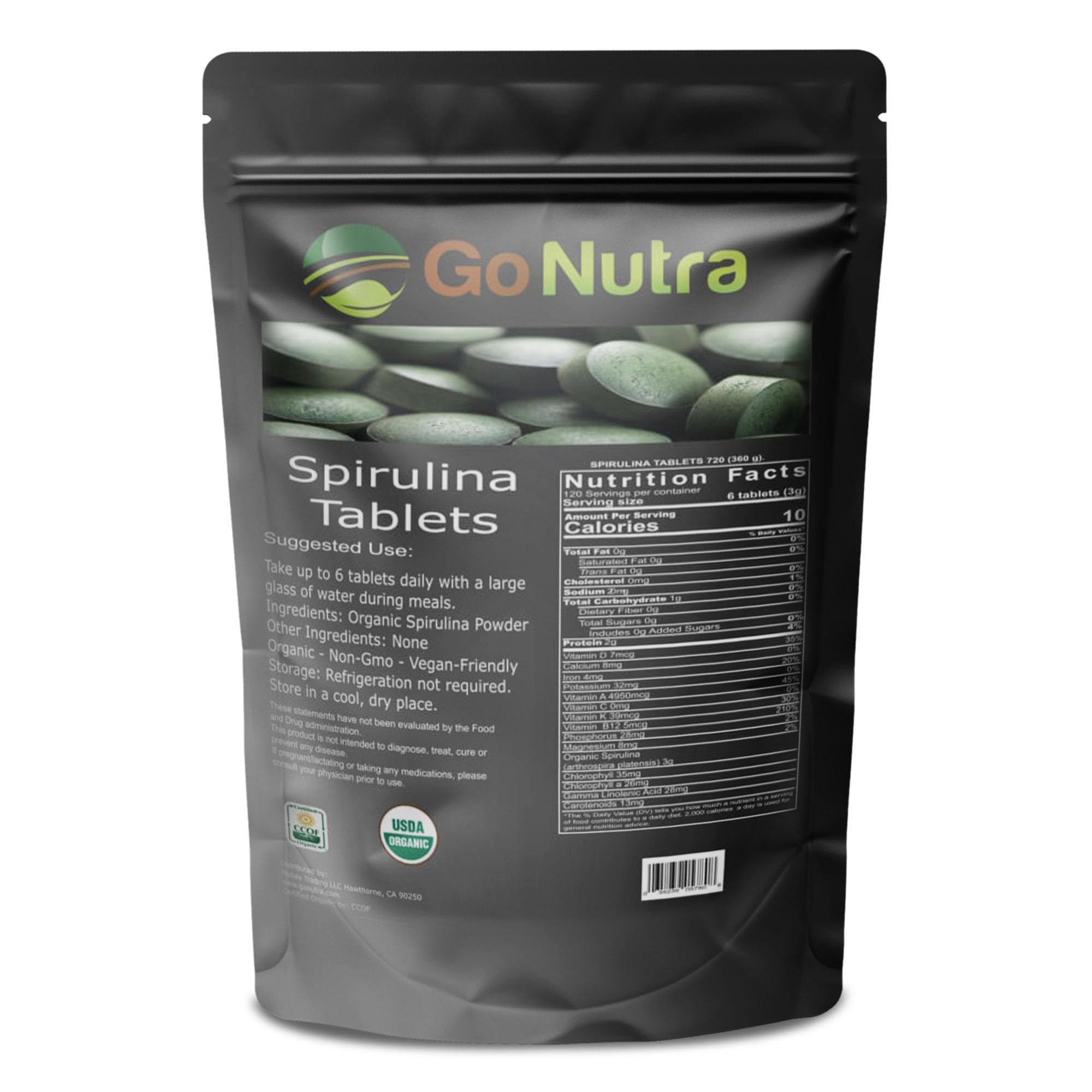 Go Nutra spirulina tablets 500 mg strength in a 720 count package