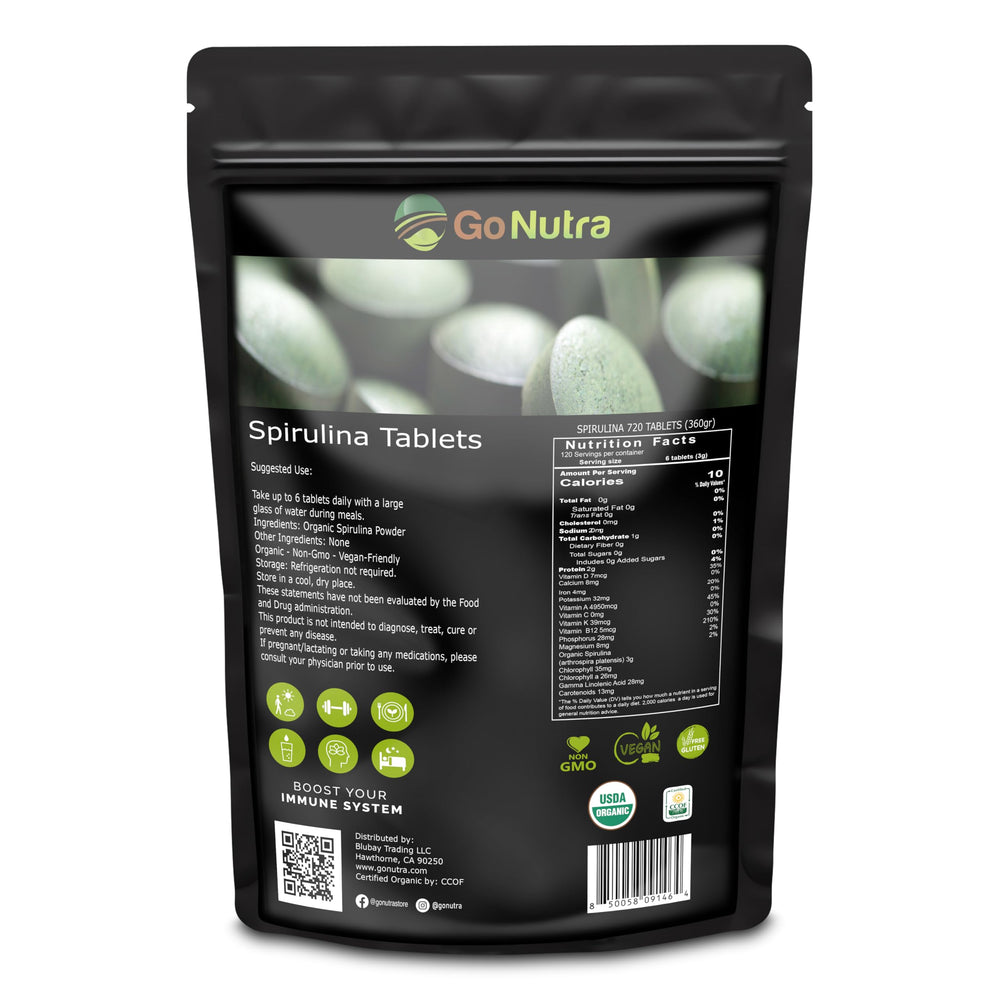 Go Nutra Spirulina tablets bottle for convenient daily nutrition