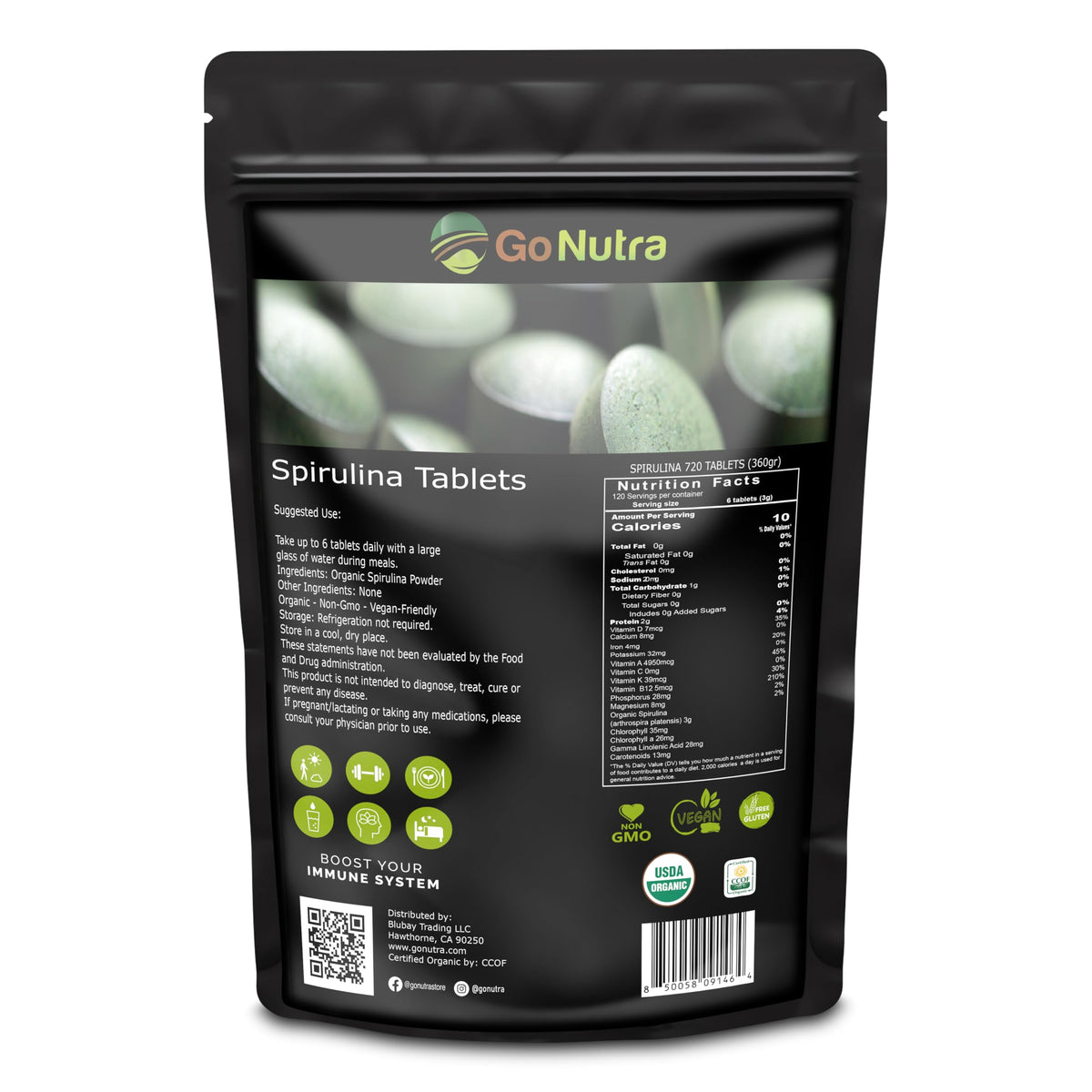 Go Nutra Spirulina tablets bottle for convenient daily nutrition