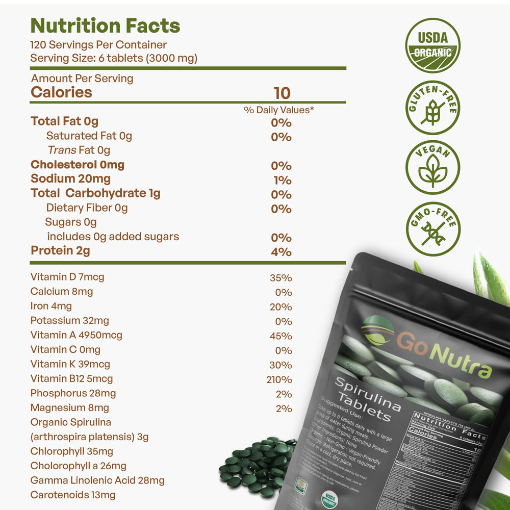 Go Nutra spirulina tablets designed for easy swallowing and minimal aftertaste