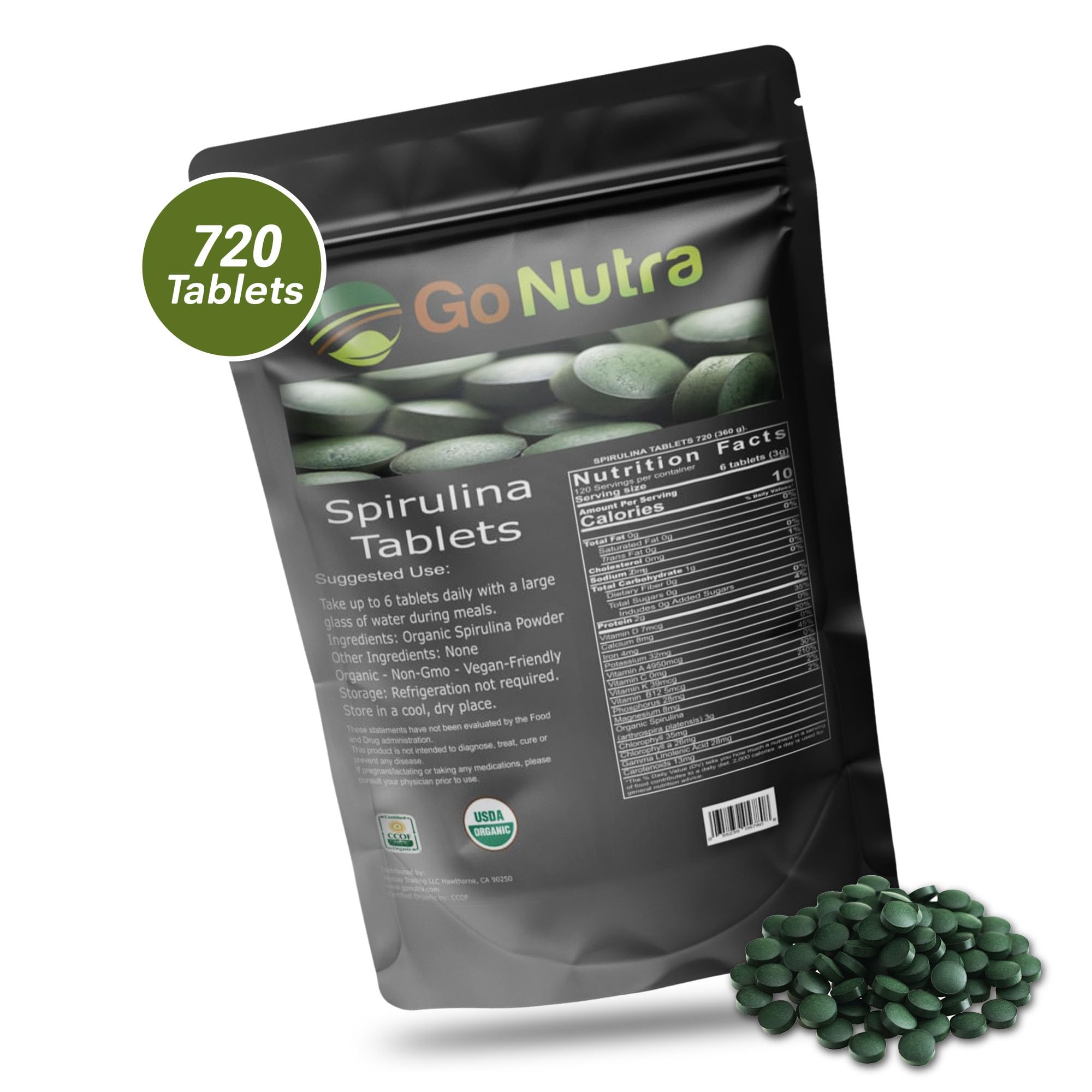 Go Nutra spirulina tablets grown in sunlit ponds for natural potency