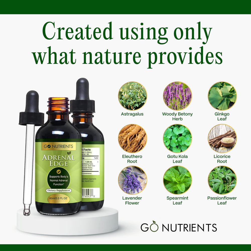 Go Nutrients Adrenal Edge amber bottle protecting potency during storage.