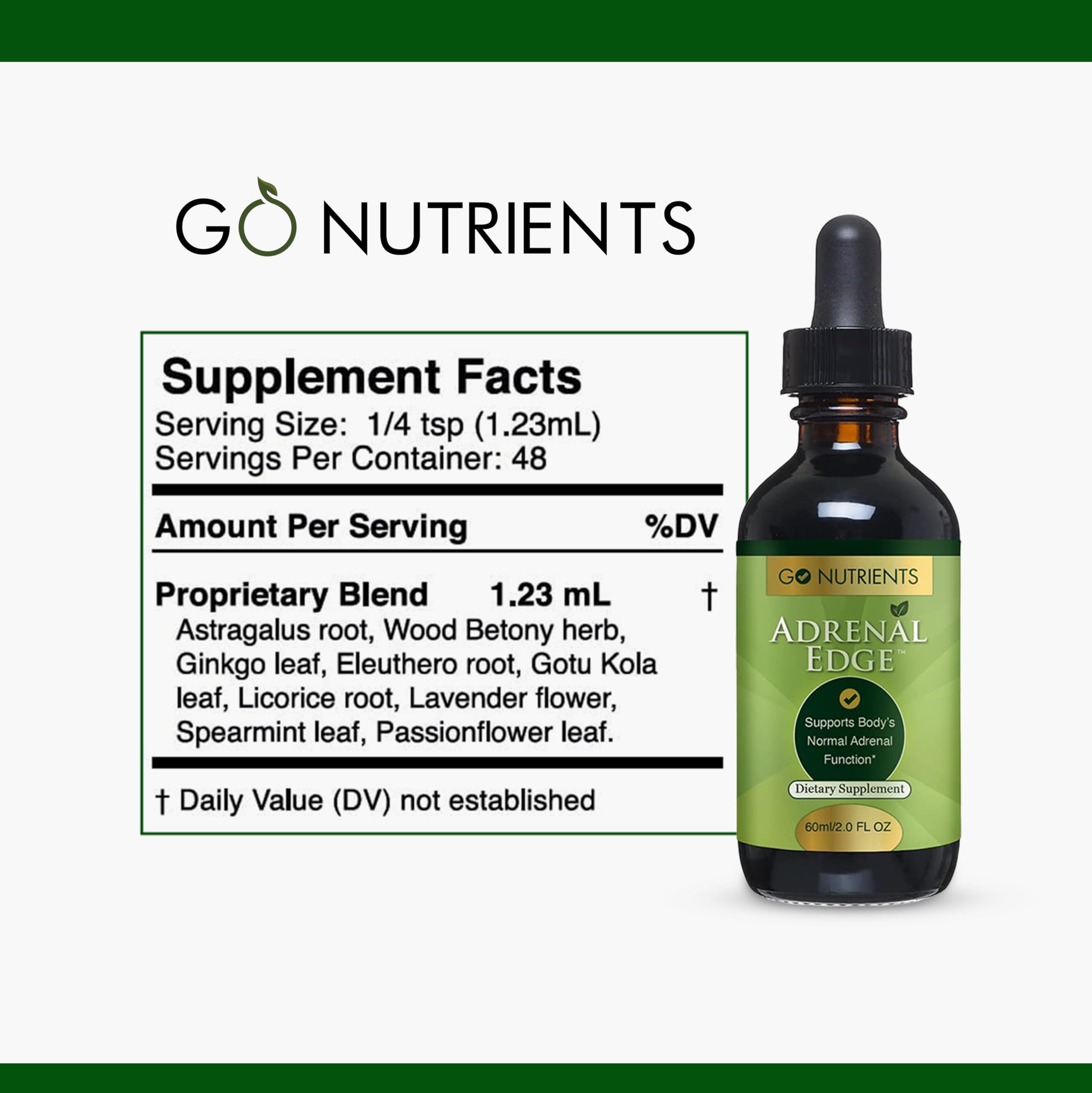 Go Nutrients Adrenal Edge label close-up highlighting vegan, gluten-free ingredients.