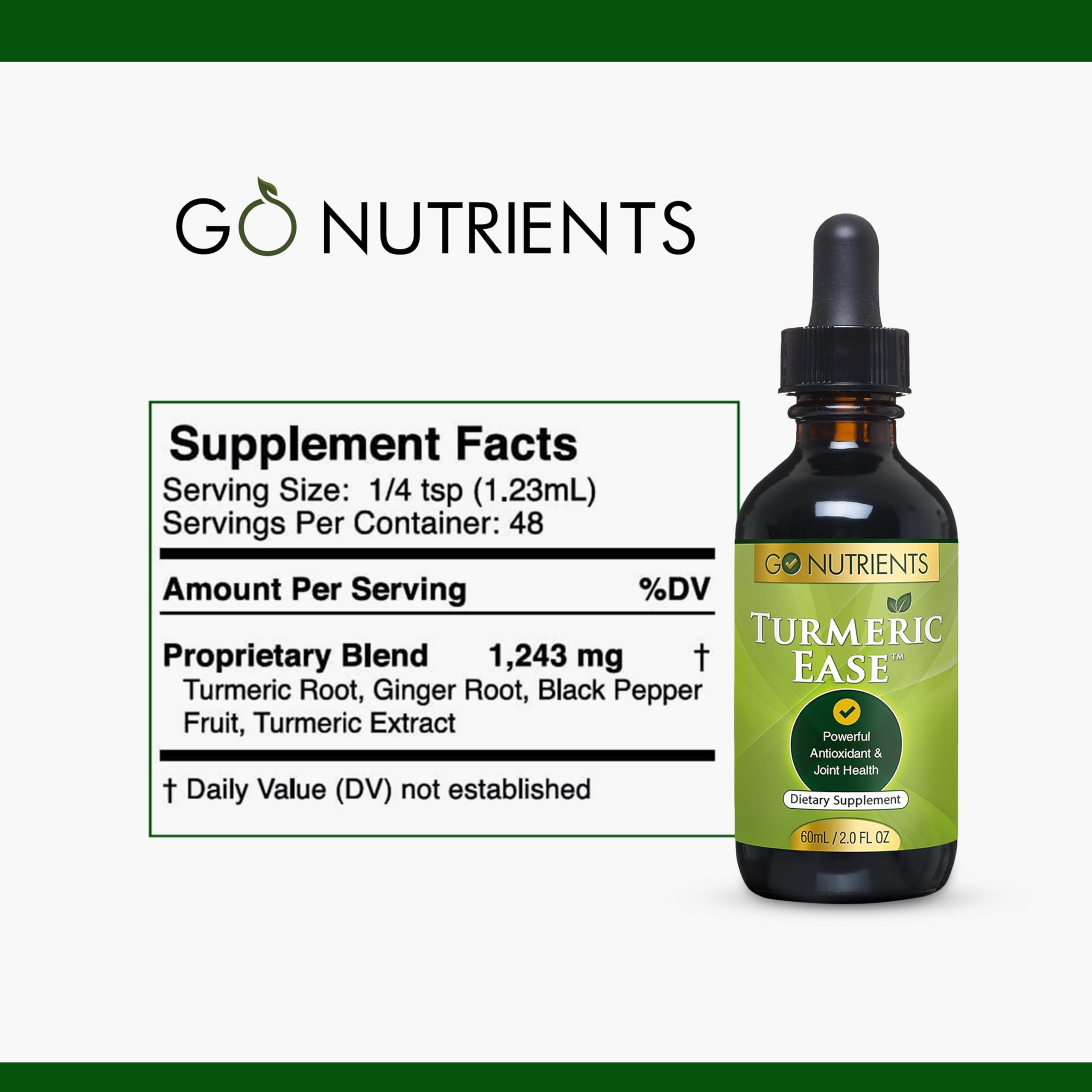Go Nutrients Turmeric Ease easy-dosing-dropper supports a simple daily wellness routine.