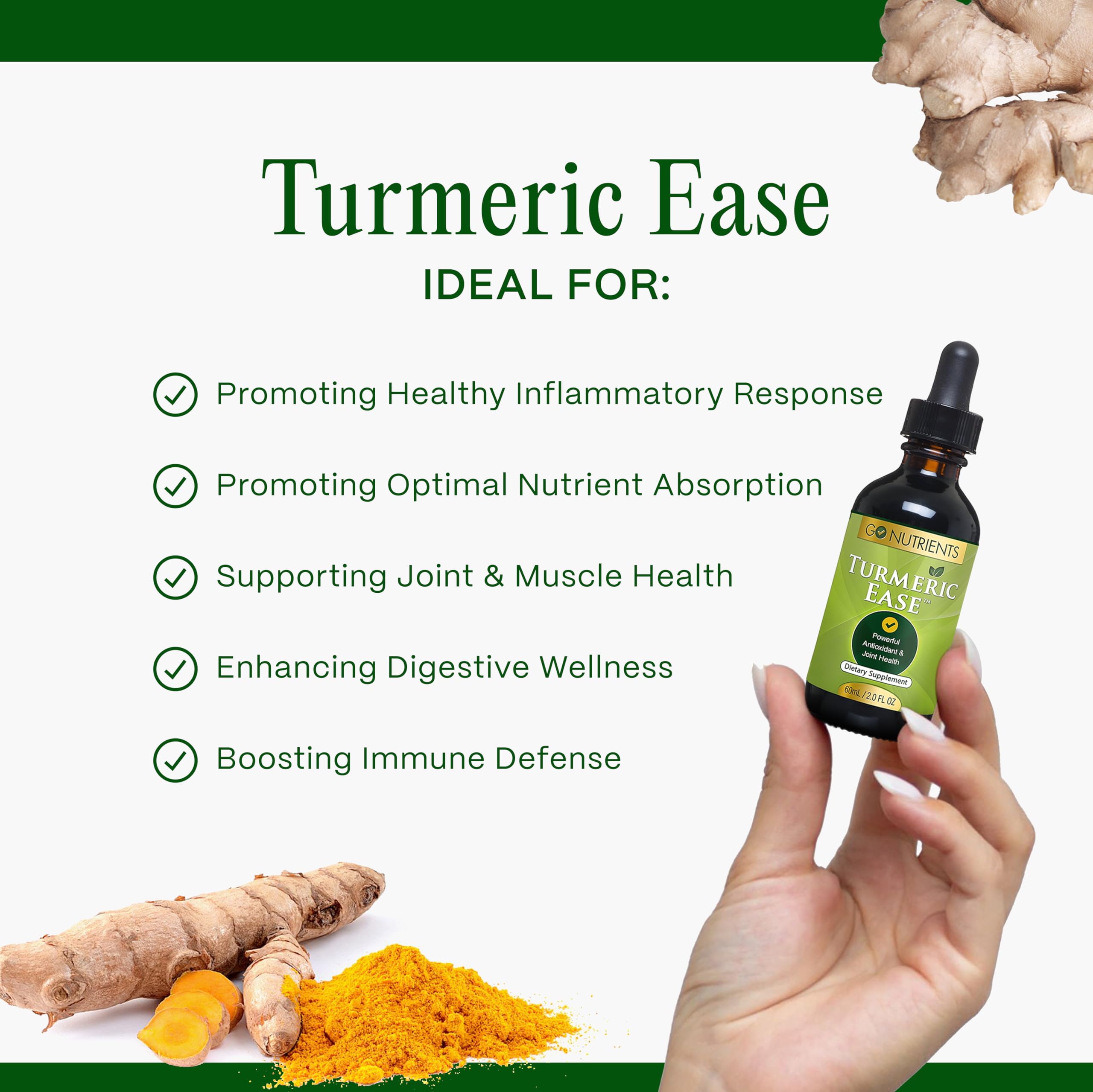 Go Nutrients Turmeric Ease turmeric-root-ginger combo supports digestive comfort.