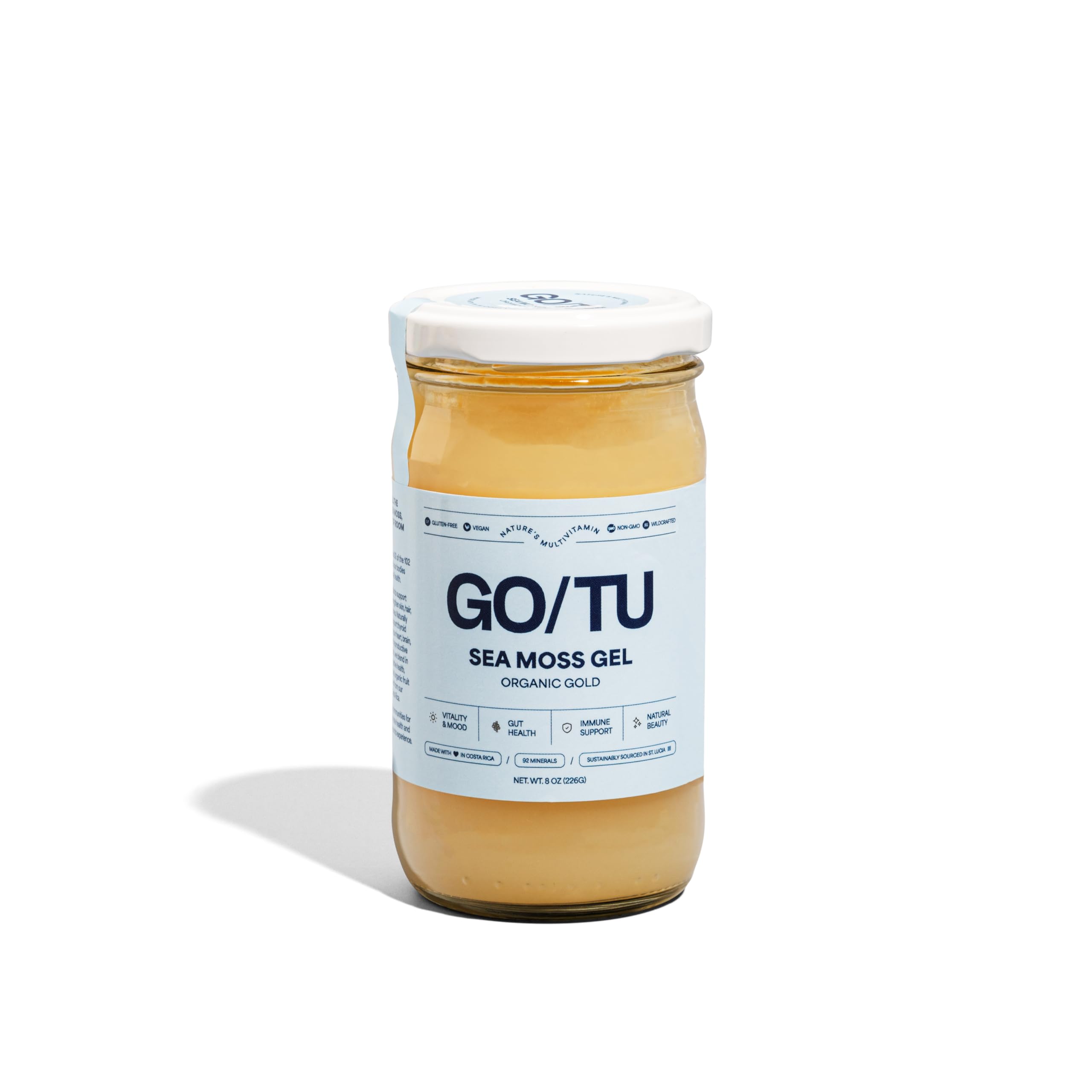 GO/TU Sea Moss Gel 8oz Gold bottle showcases pure, shelf-stable superfood for daily vitality.