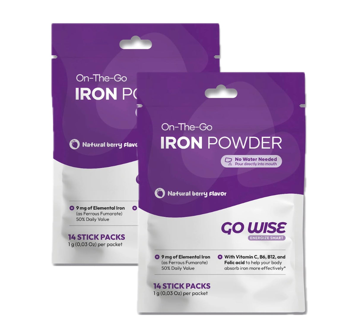 Go Wise Iron powder 14-stick packs front view, convenient daily iron source.