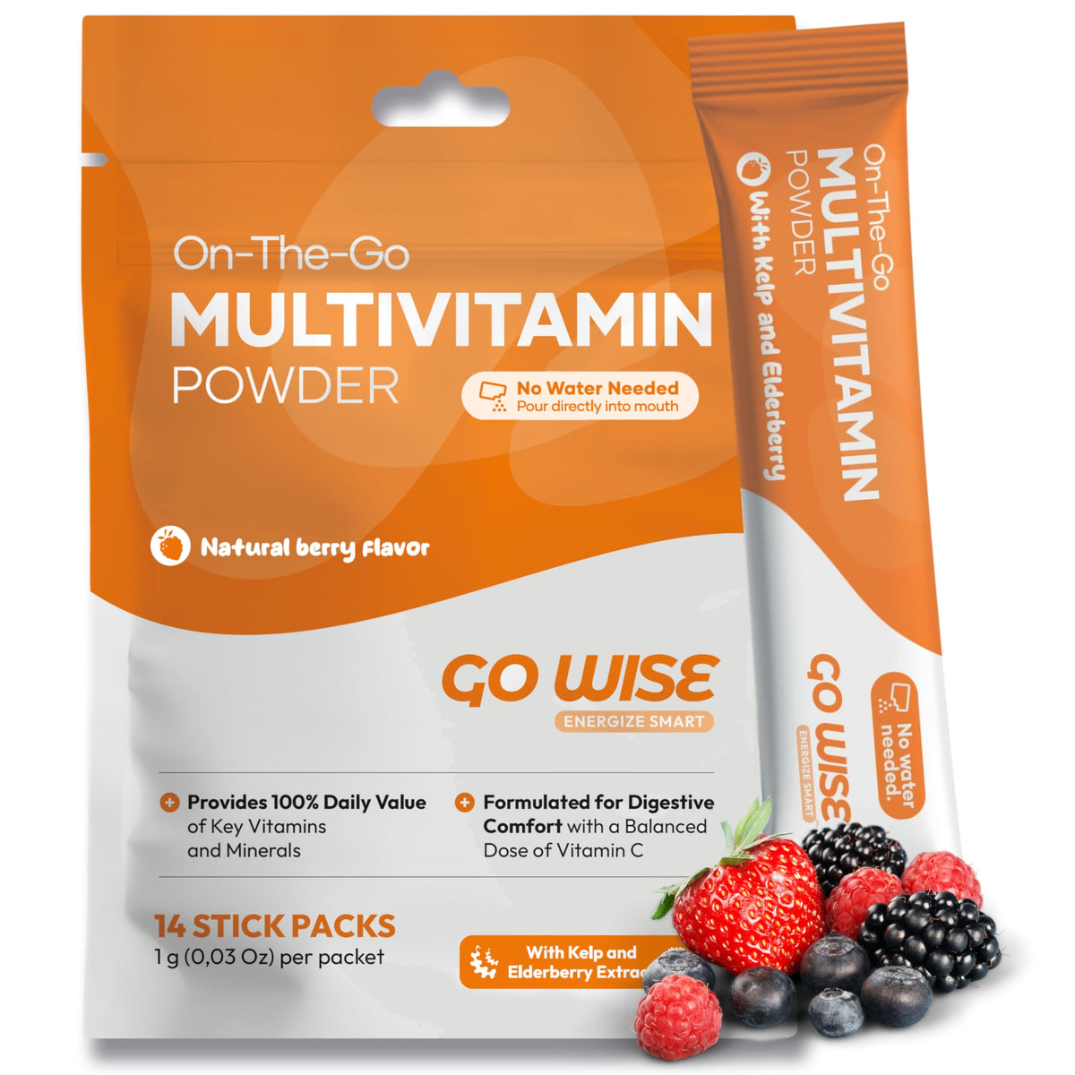Go Wise On The Go multivitamin sticks in berry flavor for daily energy.