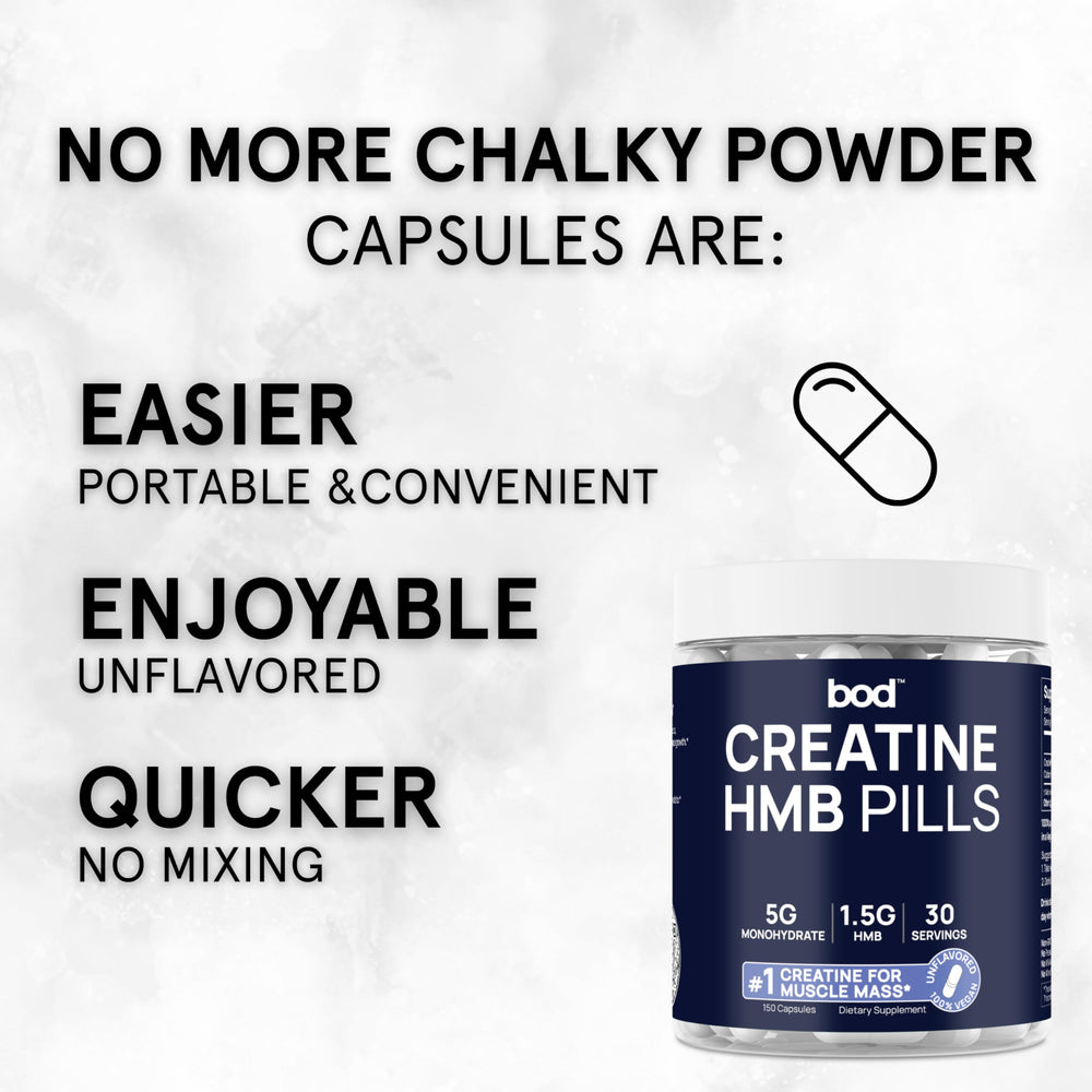 Close-up of Goba Tea BOD Creatine HCL capsules, unflavored and easy to swallow.