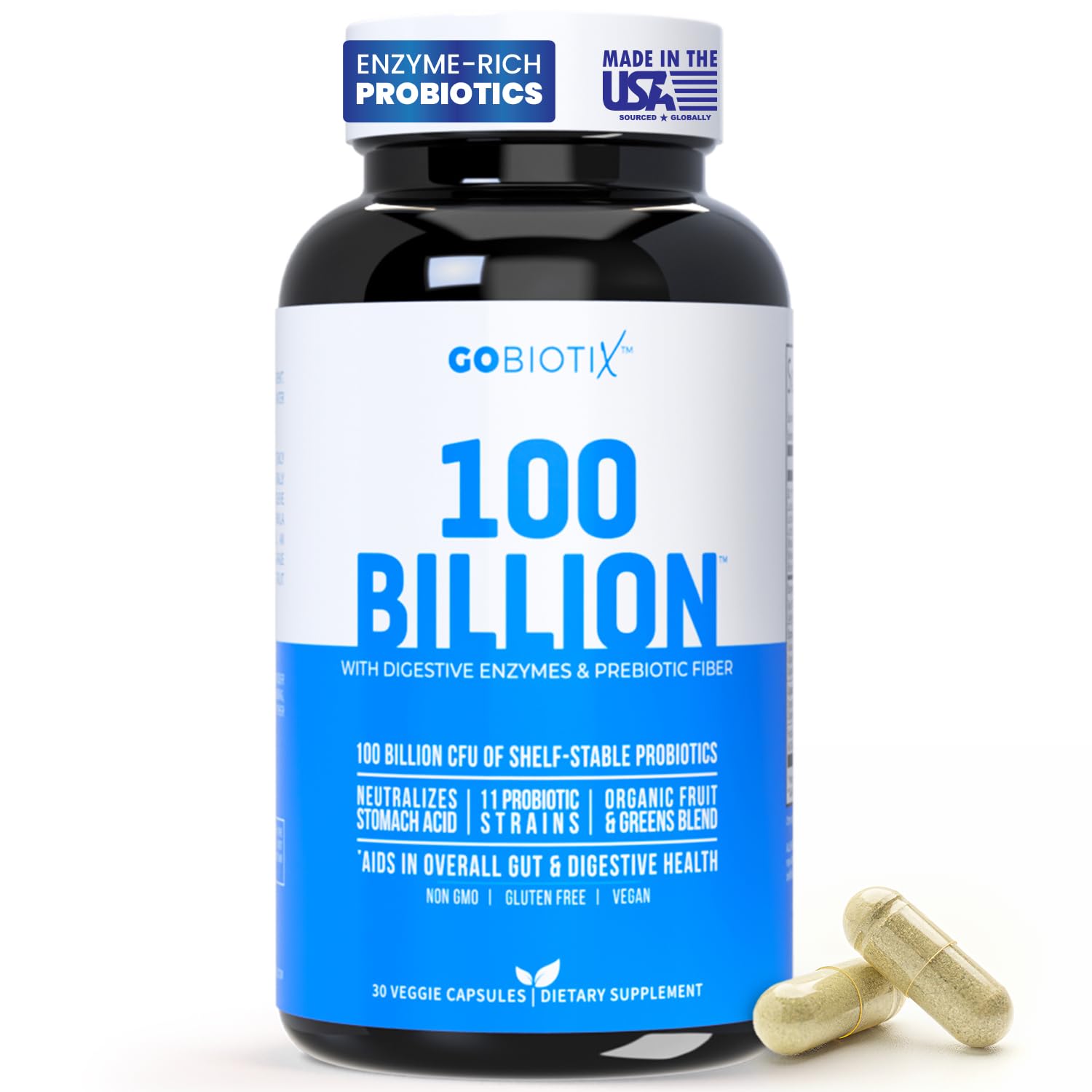 GOBIOTIX 100 Billion bottle front view for potent vegan digestive support.