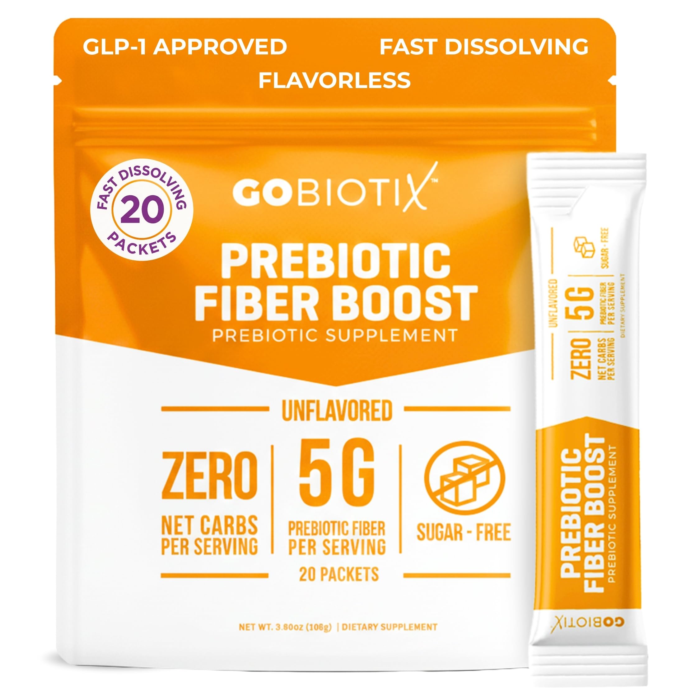 GoBiotix fiber powder bottle showing plant-based soluble fiber for daily gut balance.