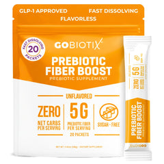 GoBiotix fiber powder bottle showing plant-based soluble fiber for daily gut balance.