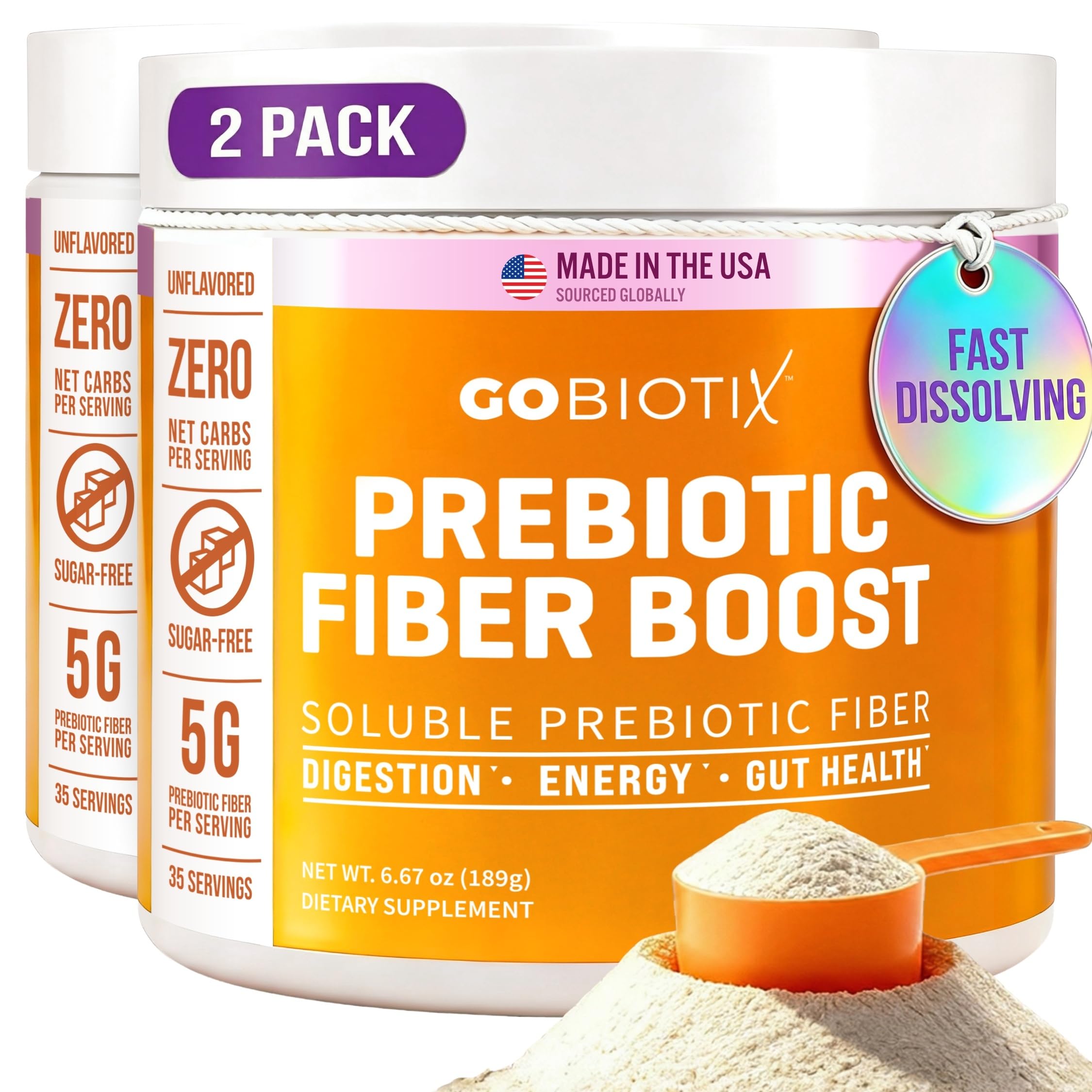 GoBiotix fiber powder in tin packaging supports daily gut balance with plant-based soluble fiber.