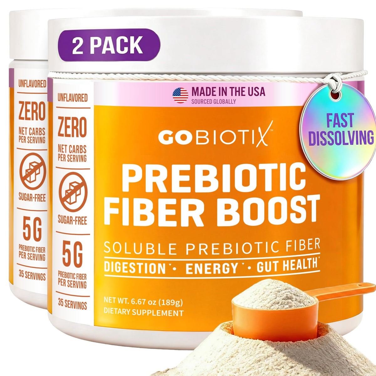 GoBiotix fiber powder in tin packaging supports daily gut balance with plant-based soluble fiber.