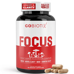 GOBIOTIX Focus Lions Mane bottle highlighting focus support and mental clarity