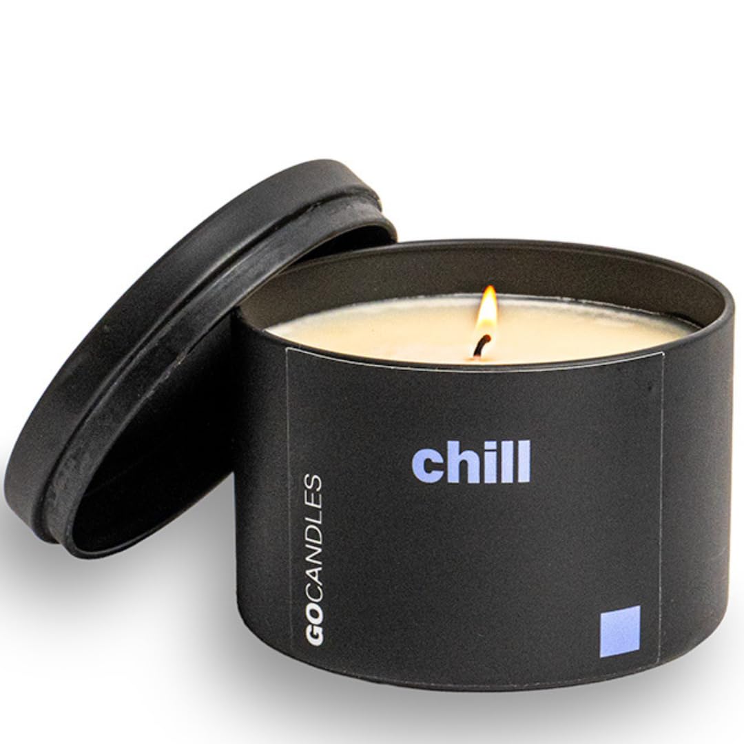GO Candles Chill large candle with lid on, calm aroma for your desk.