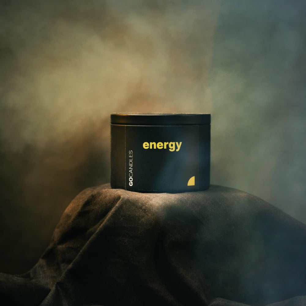 Go Candles Energy label closeup showing premium craftsmanship