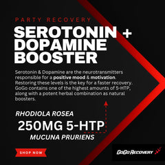 GoGo Recovery bottle pour showing convenient party recovery supplement.