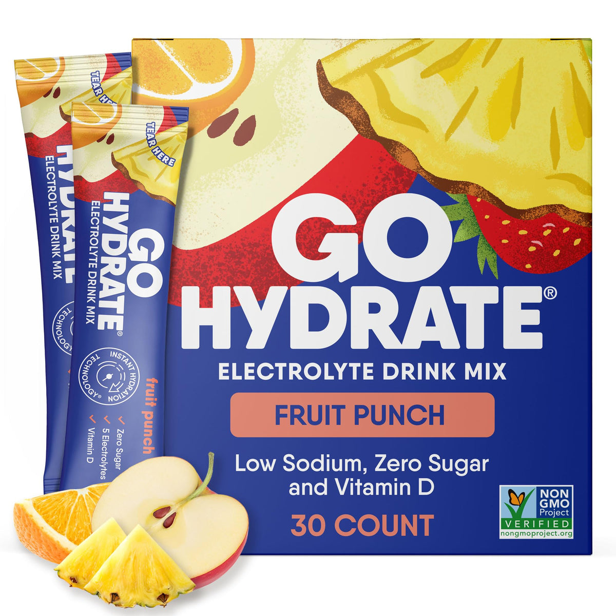 GoHydrate fruit punch packet open for quick refreshing hydration on the go.