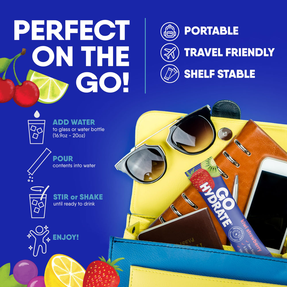 GoHydrate grape packaging shown on a gym bag for on-the-go hydration.