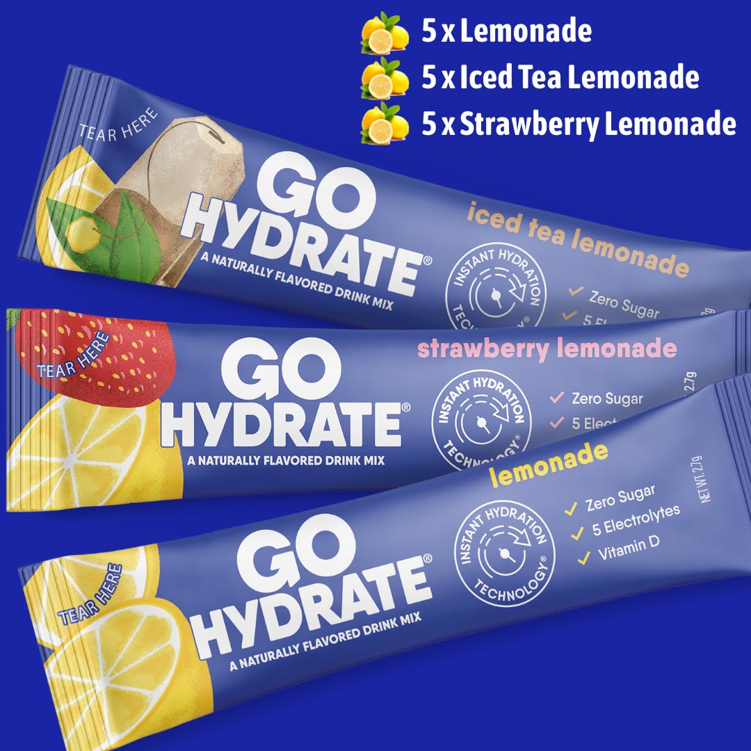 GoHydrate lemonade packet being poured into water for quick refreshment.