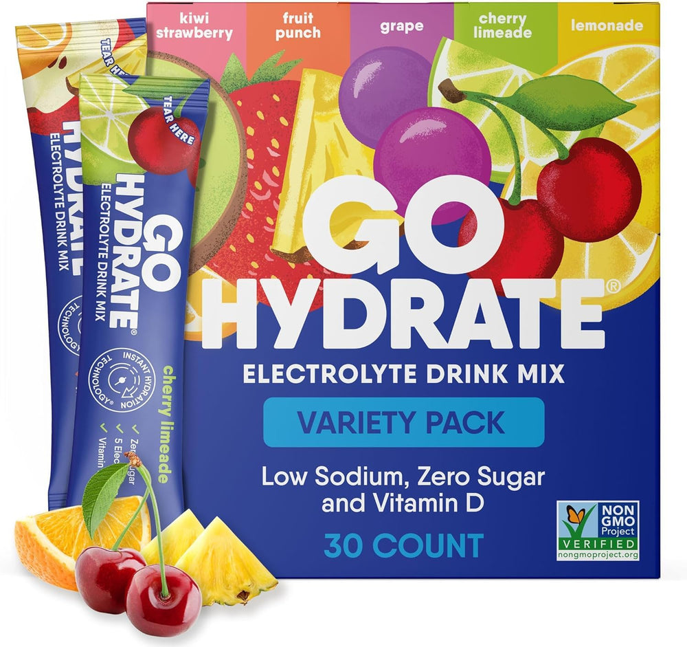GoHydrate low-sodium electrolytes packets in a box for daily hydration.