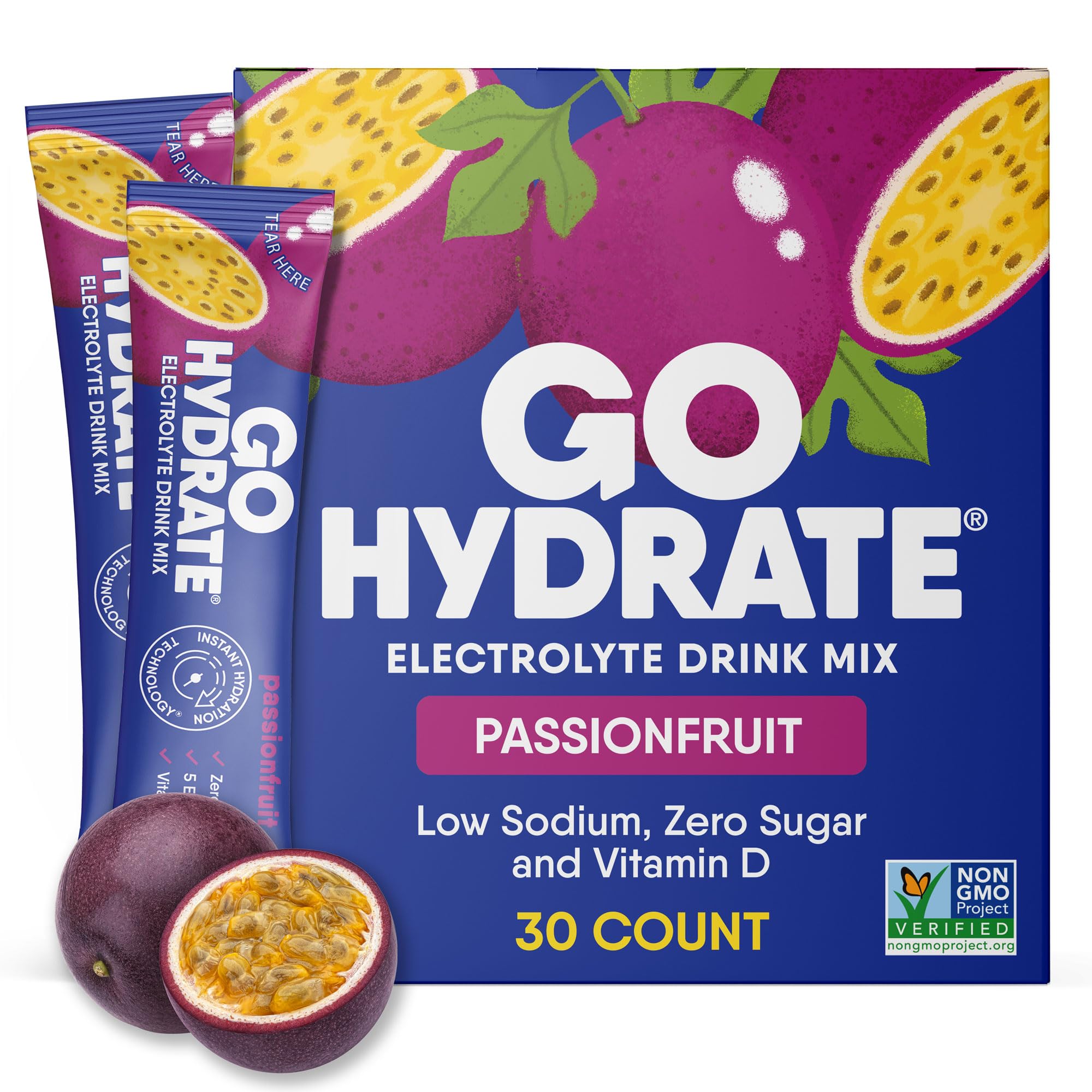 GoHydrate passion fruit packets boxed for convenient, sugar-free hydration on the go.