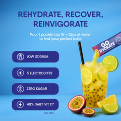 GoHydrate passion fruit single packet ready to mix for a quick hydration sip.