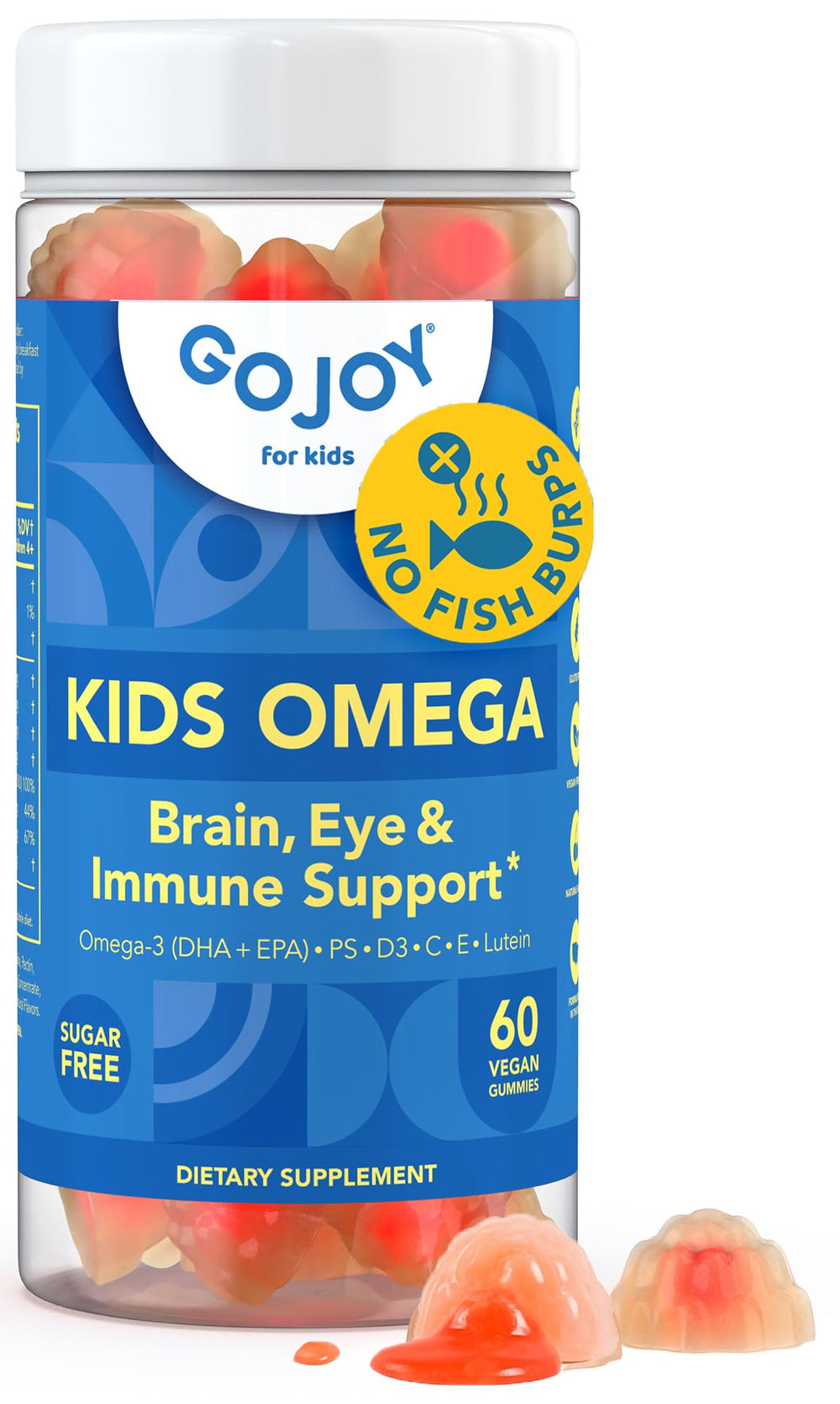 GOJOY Naturals Kids Omega 3 Gummies bottle front view, plant-based DHA for daily nutrition.