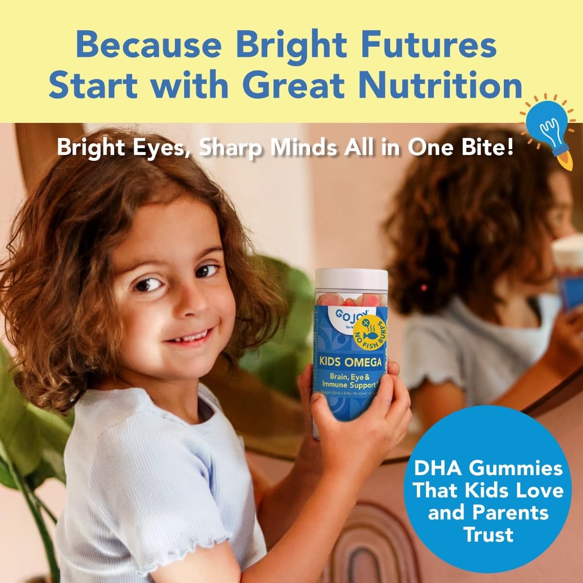 GOJOY Naturals Kids Omega 3 Gummies bottle side view, sugar-free formula for families.