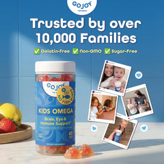 GOJOY Naturals Kids Omega 3 Gummies close-up, algae-based DHA with no fishy aftertaste.